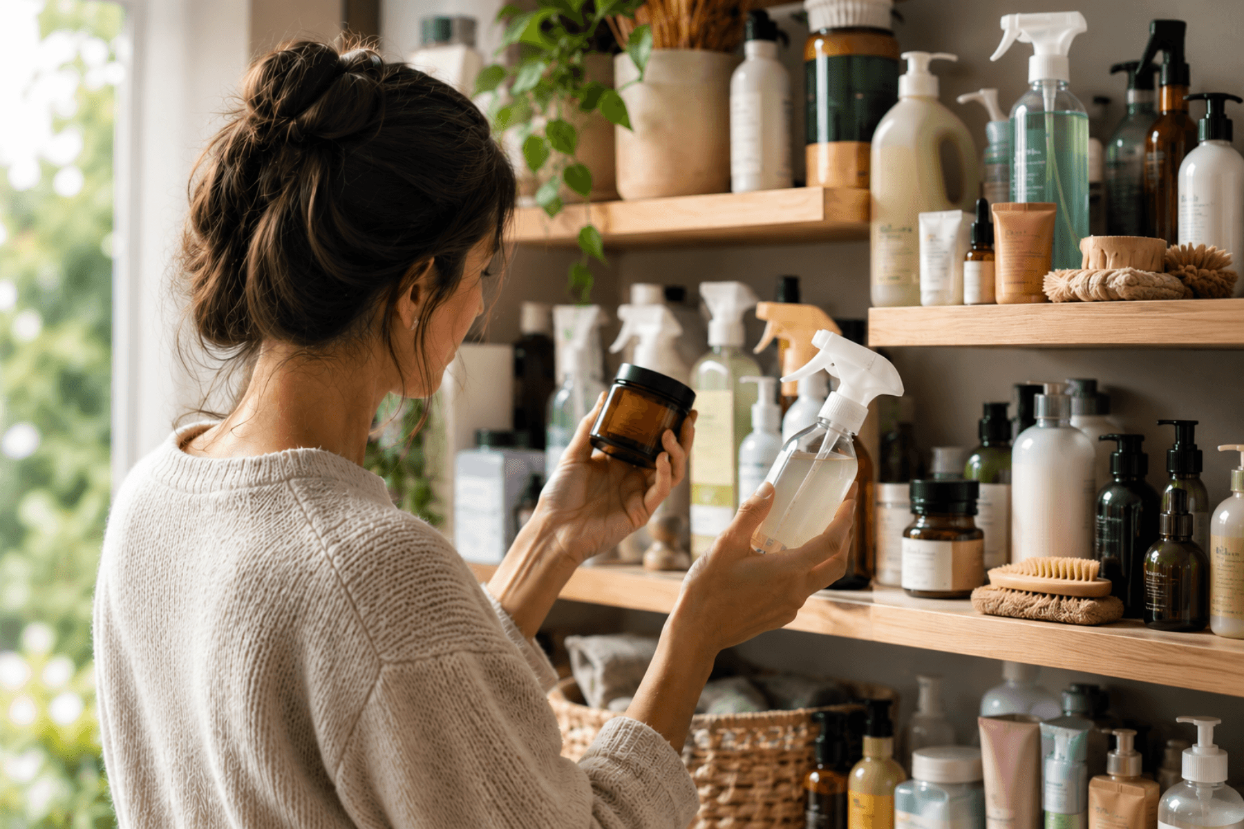 Woman comparing wellness products in a natural health shop