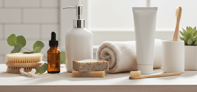 Natural daily hygiene essentials like soap, towels, and lotion for clean confident living
