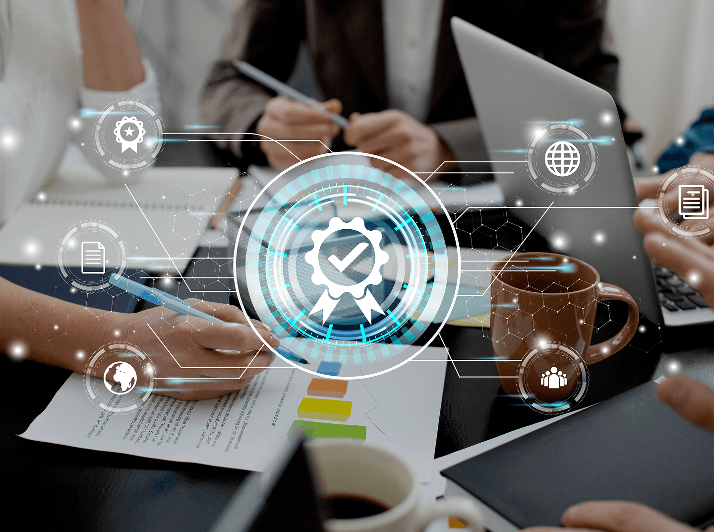 Team collaborating with digital tools and charts to create helpful wellness resources