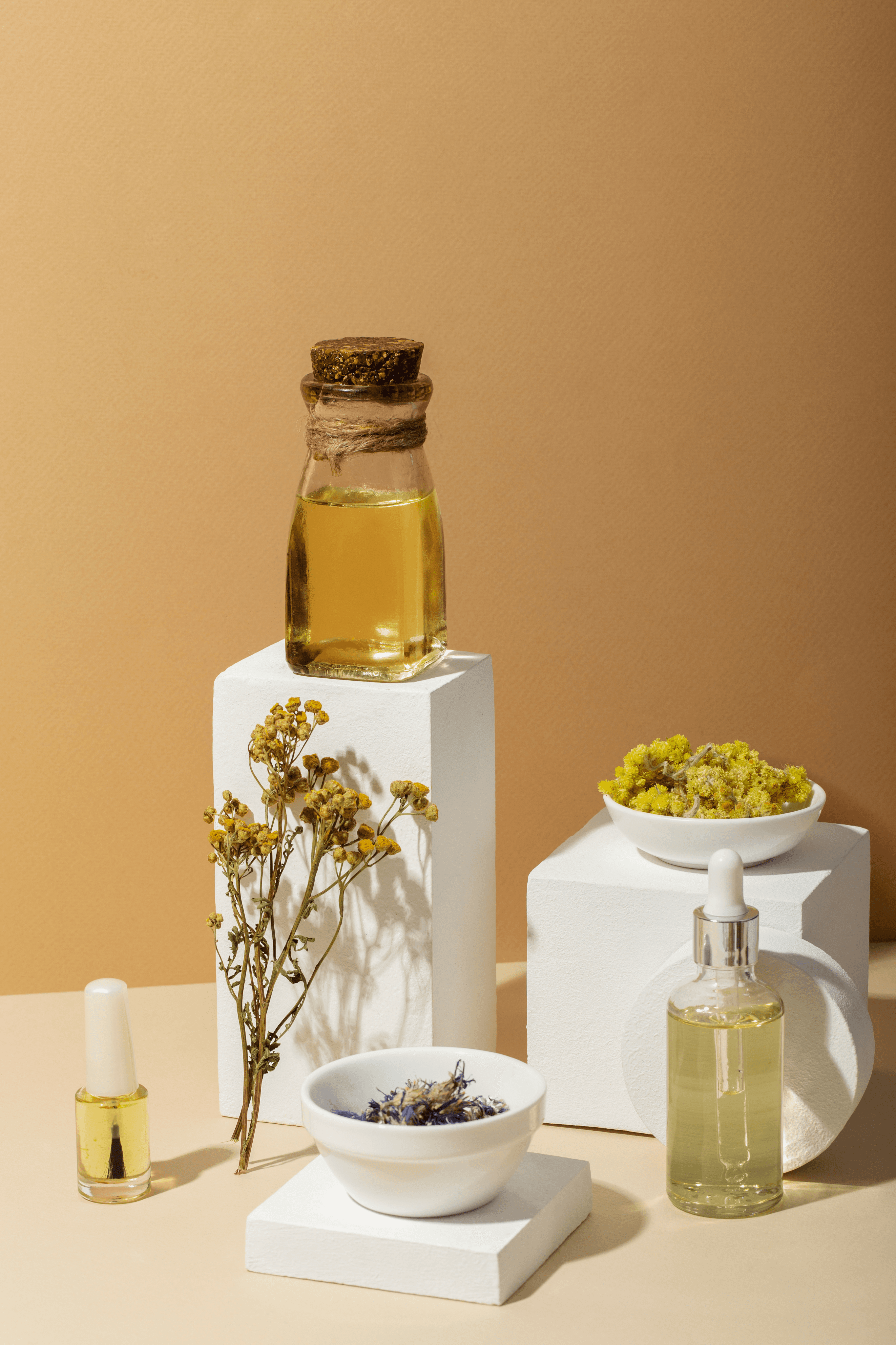 Curated wellness products arranged on plinths